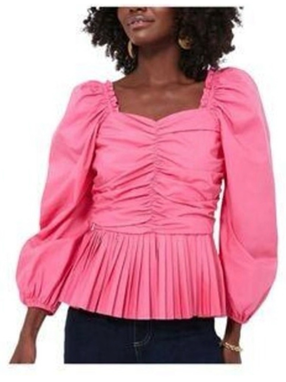 Pink Ruched Square-Neck Peplum Blouse